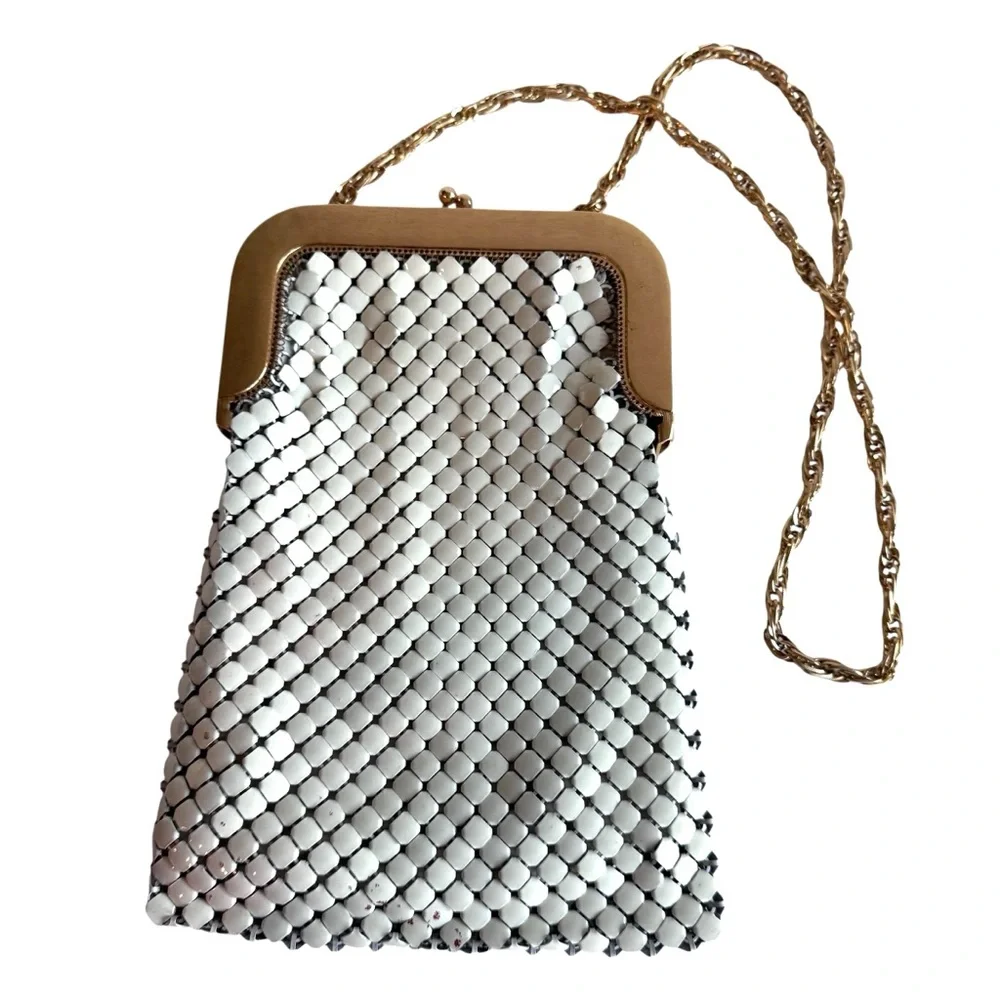Vintage Whiting & Davis Purse Large Mesh Metal Matte Gold Cream 2816 Lined